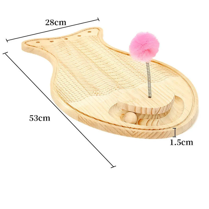 Close-up of wooden cat scratching board with natural surface and attached feather toy