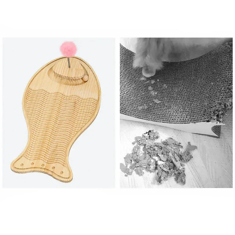 Durable wooden cat toy featuring a scratching surface and a dangling feather for enrichment