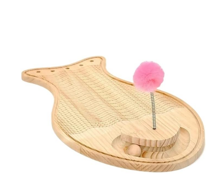 Pet accessory: wooden interactive cat scratching board and feather ball toy for active play