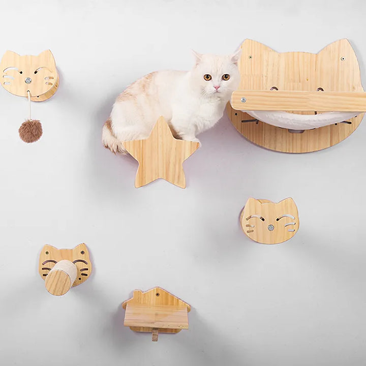 Wooden wall-mounted cat scratcher and lounger with feather toy for feline enrichment