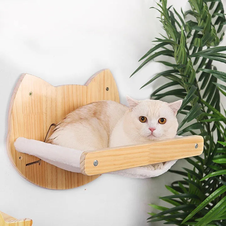 Stylish wooden cat scratcher and lounge furniture with attached toy, easy wall installation