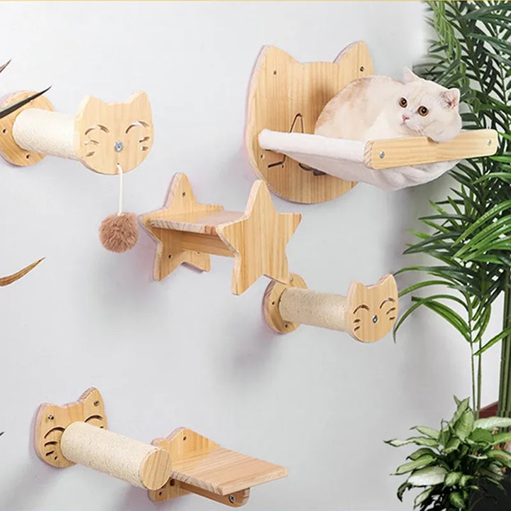 Wall-mounted wooden cat furniture: scratcher, lounging area, and toy for happy cats