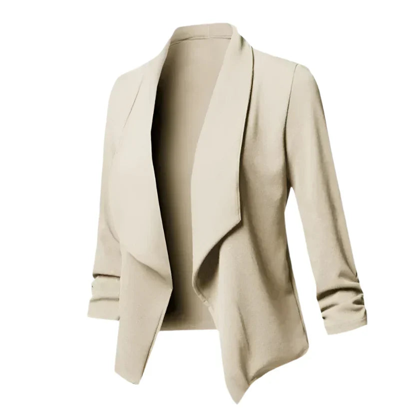 Modern women's open front blazer, wrinkle-resistant. Versatile for business, office & professional layering.