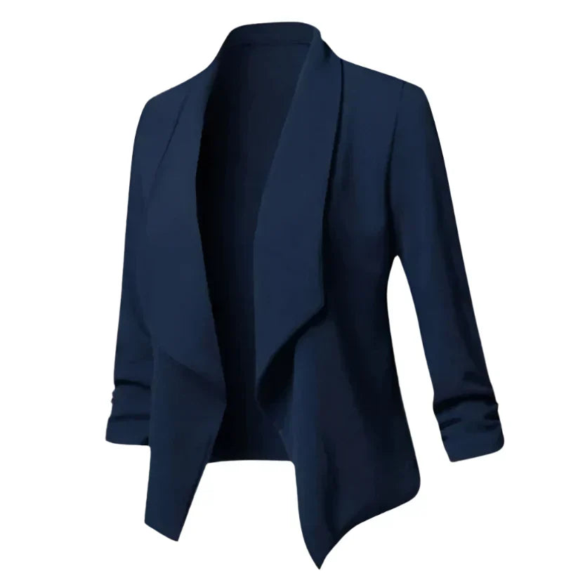 Professional women's open front blazer. Wrinkle-resistant for elegant business, office, and layering.