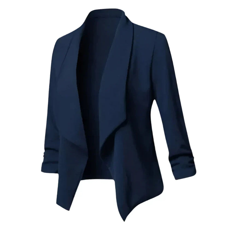Professional women's open front blazer. Wrinkle-resistant for elegant business, office, and layering.