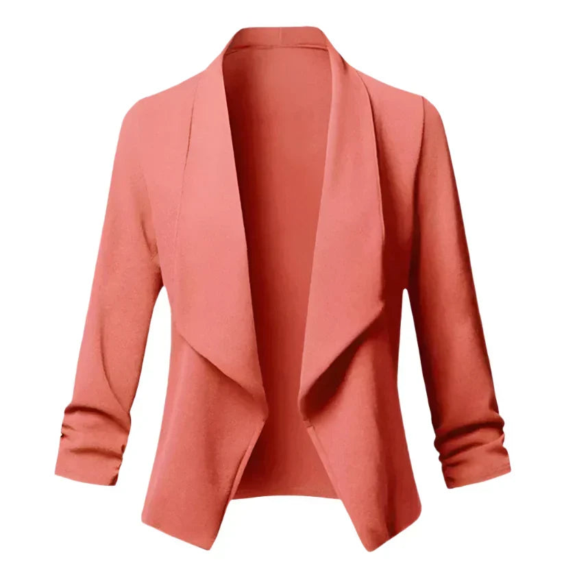 Modern professional women's open front blazer. Wrinkle-resistant workwear for comfortable office business.