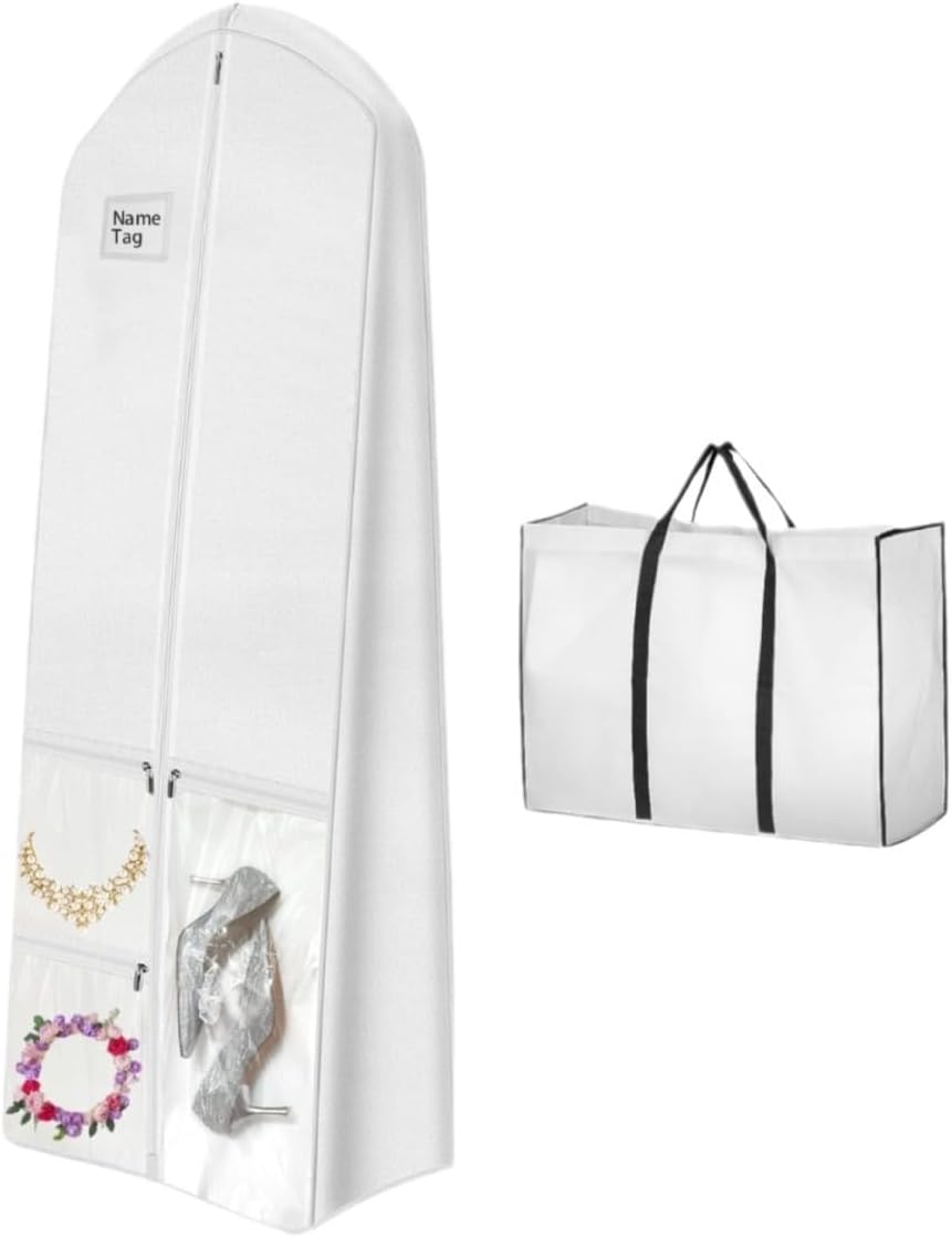XL bridal gown garment bag for wedding dress storage & travel. Protects formal wear, includes accessory organizer.