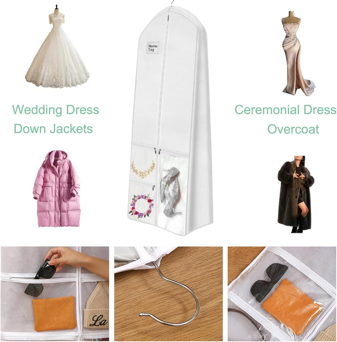 Large women's bridal gown bag protecting a white wedding dress. Perfect for travel & secure storage.