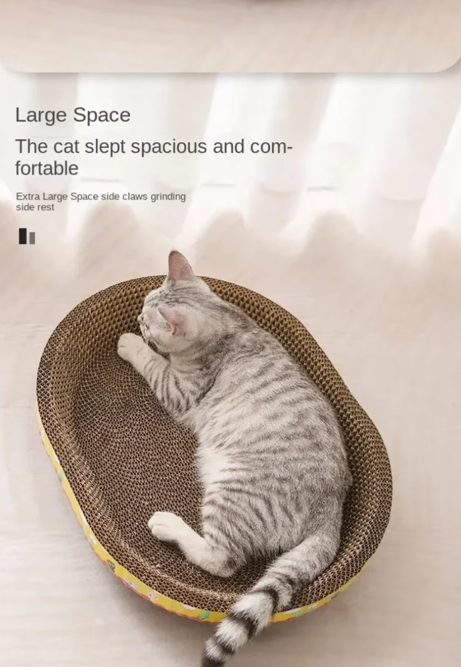 Yellow cat scratching lounge bed with curved design for ultimate feline comfort and claw care
