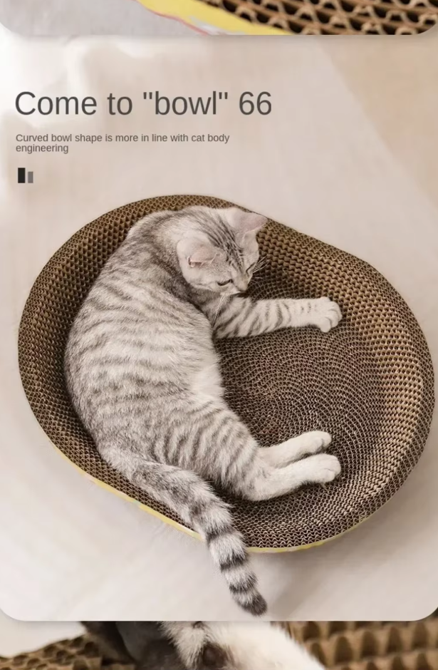 Stylish yellow cat bed that doubles as a durable scratching pad, blending into home decor