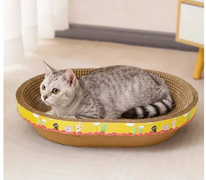 Overview of the ergonomic yellow cat scratching lounge bed, promoting interactive play and rest