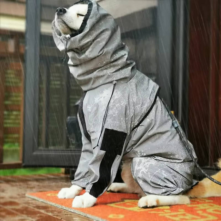 Yellow dog raincoat with adjustable hood and reflective strips for full coverage, outdoor gear.