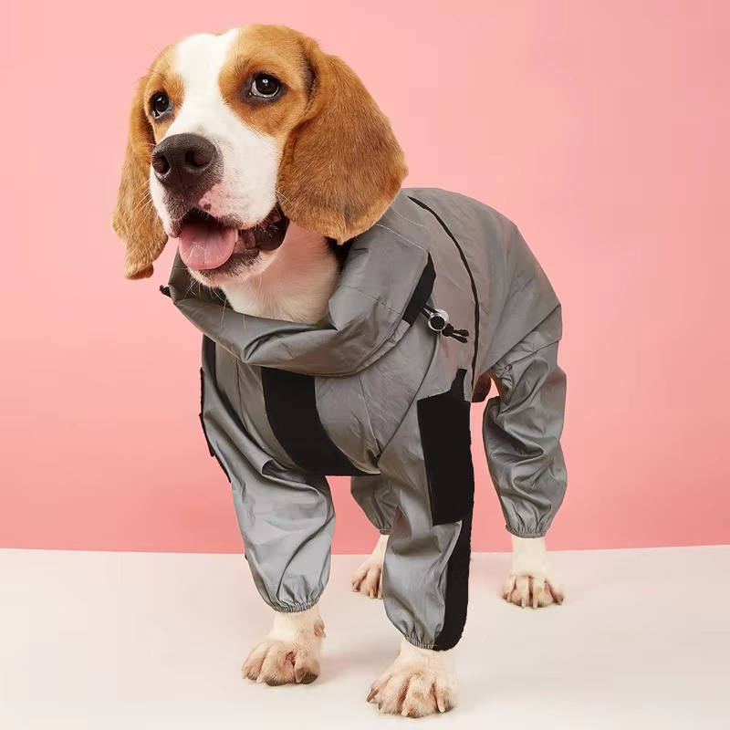 Reflective strips on a dog rain jacket, enhancing visibility and safety during nighttime walks.