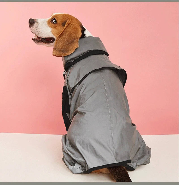 Full-body dog raincoat in yellow, designed for extreme weather, with belly and leg protection.