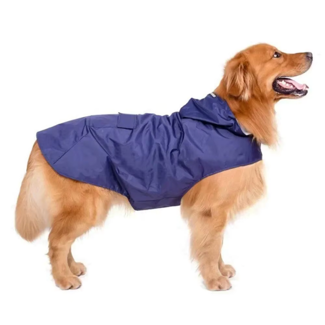 Dog wearing an adjustable, vibrant yellow pet raincoat with reflective accents for visibility