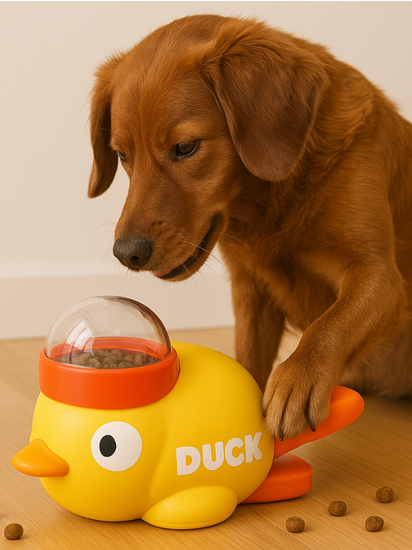 Yellow duck-shaped slow feeder dog bowl, promotes healthy eating, anti-bloat design.