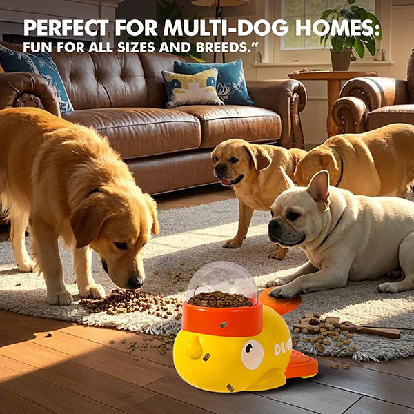 Slow feeder anti-bloat duck toy bowl for dogs, durable plastic, easy to clean pet supply.