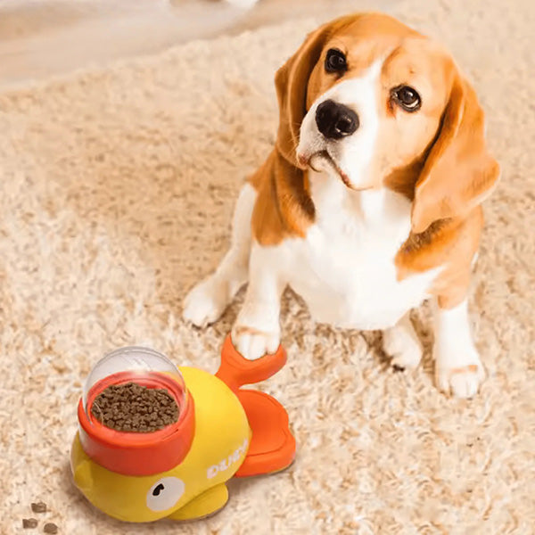 Close-up of duck slow feeder with food in compartments, prevents fast eating in pets.