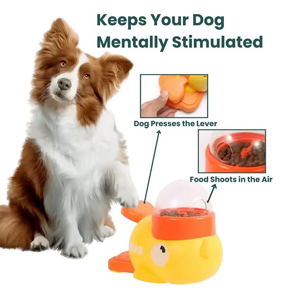 Overhead view of duck slow feeder pet toy, multiple food obstacles for slower consumption.