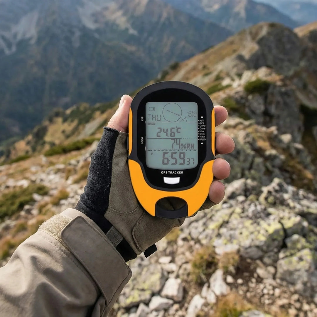 Yellow handheld GPS navigation receiver for outdoor hiking, trekking. Features altimeter, barometer, rechargeable.