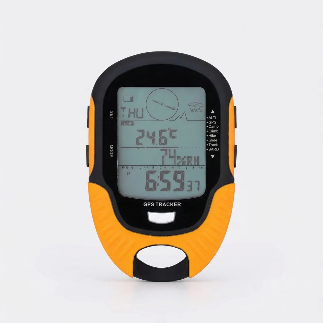 Portable unisex outdoor GPS navigator in yellow, ideal for hiking & trekking adventures. Rechargeable device.