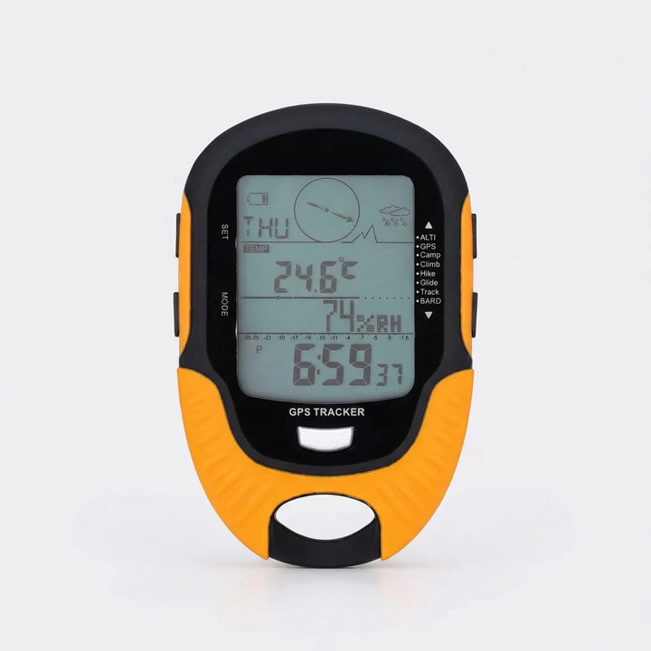 Portable unisex outdoor GPS navigator in yellow, ideal for hiking & trekking adventures. Rechargeable device.