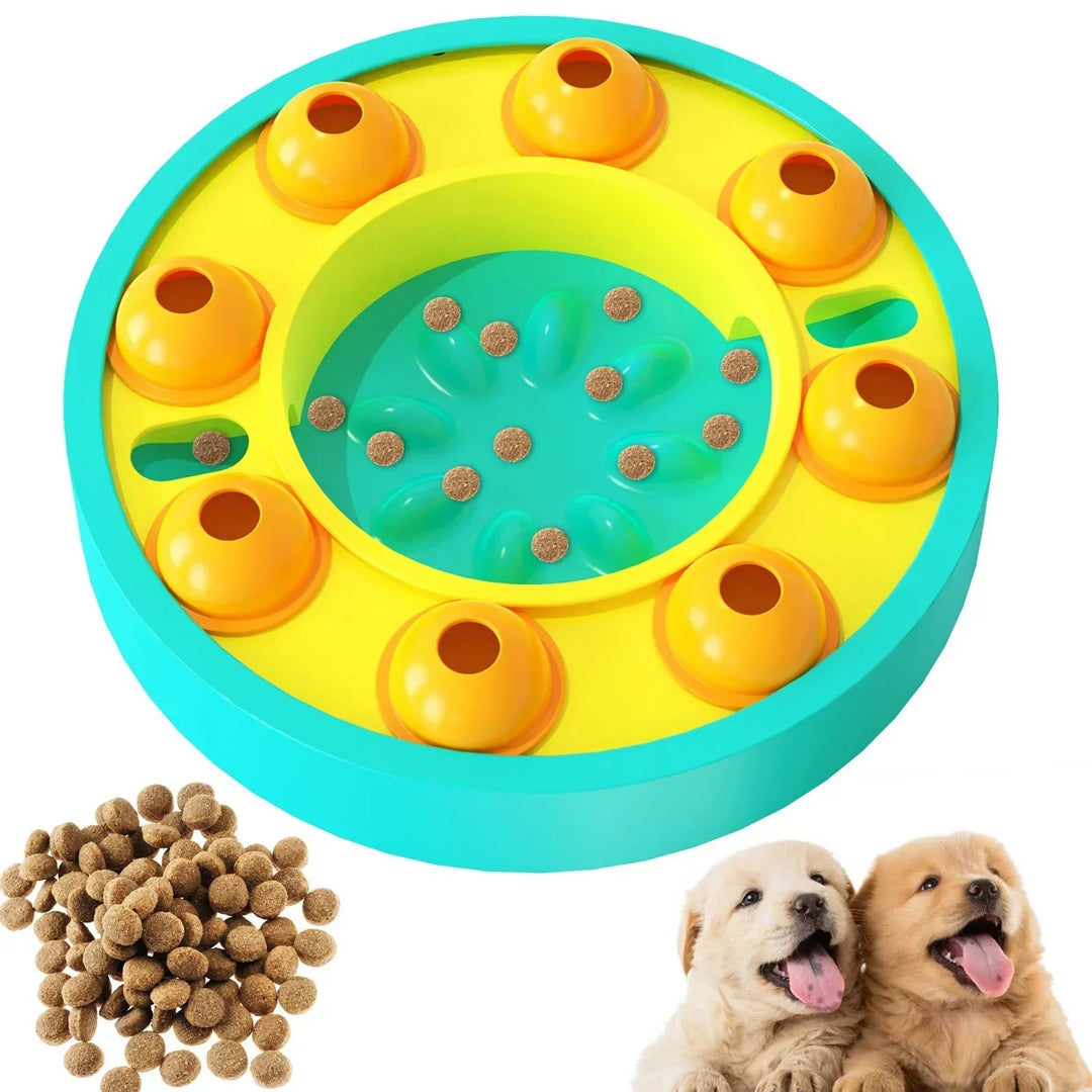 Yellow interactive dog puzzle snack dispenser toy for mental stimulation, durable pet enrichment
