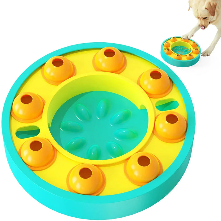 Slow feeder dog puzzle toy in yellow, dispenses snacks, promotes interactive mental stimulation