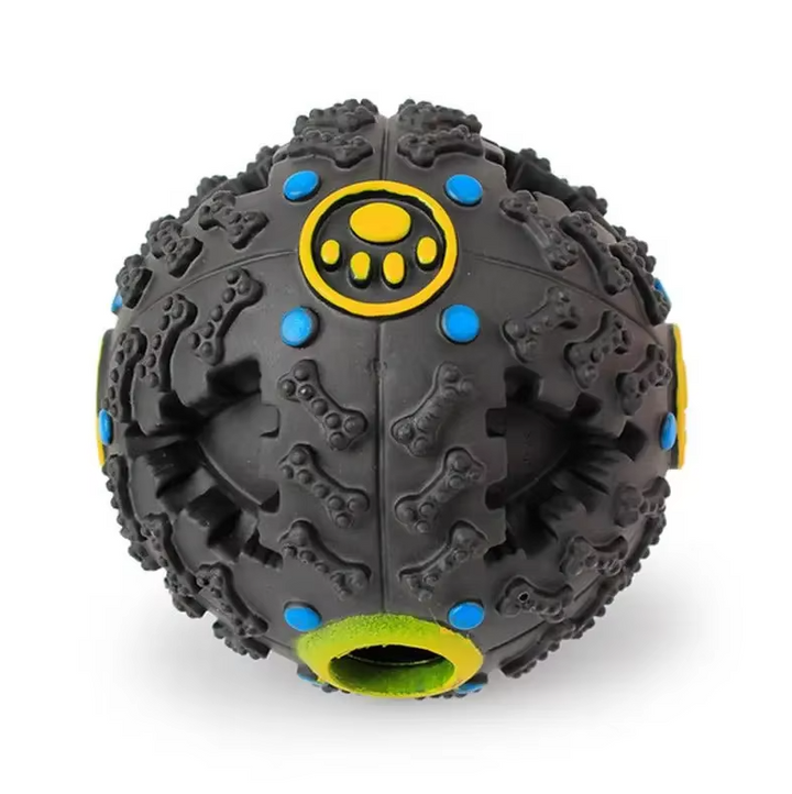 Close-up of a blue interactive dog squeaky treat ball, perfect for mental stimulation.