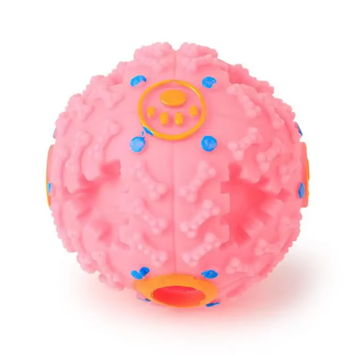 Interactive dog squeaky treat ball filled with treats, a fun mental stimulation toy.