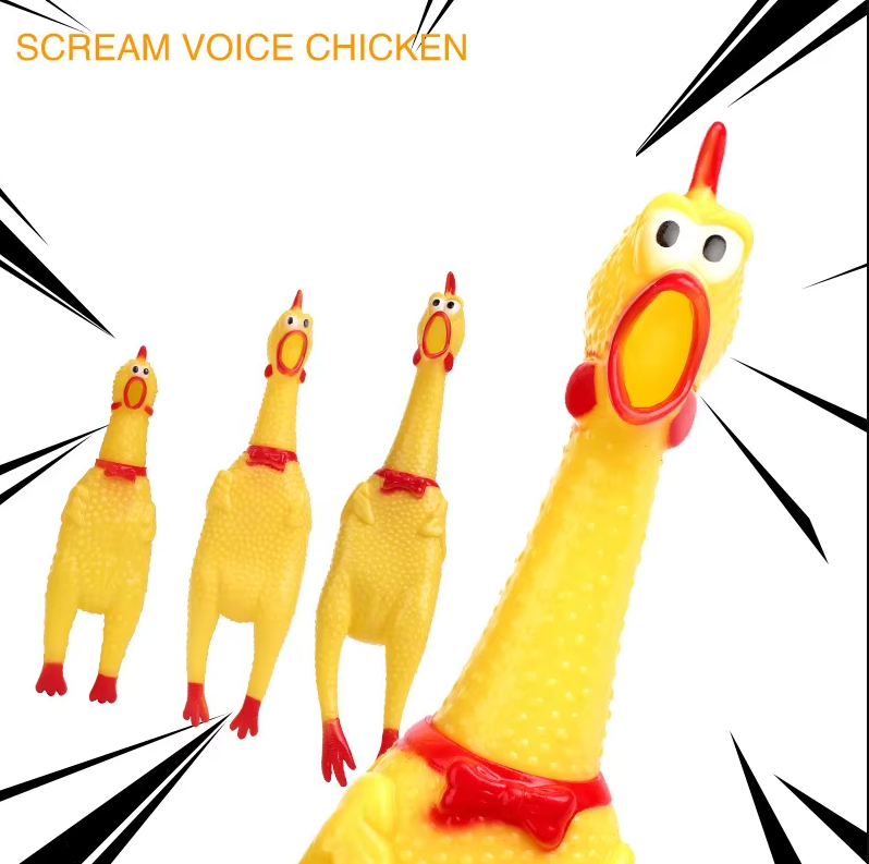 Yellow rubber squeaky chicken dog toy for interactive play and chewing