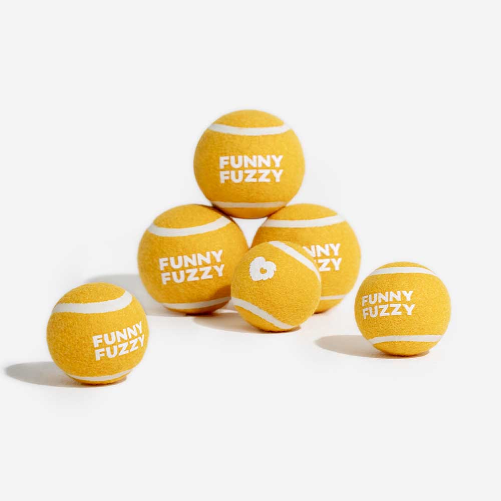 Yellow squeaky tennis ball dog toy for fetch, durable rubber design for interactive play.