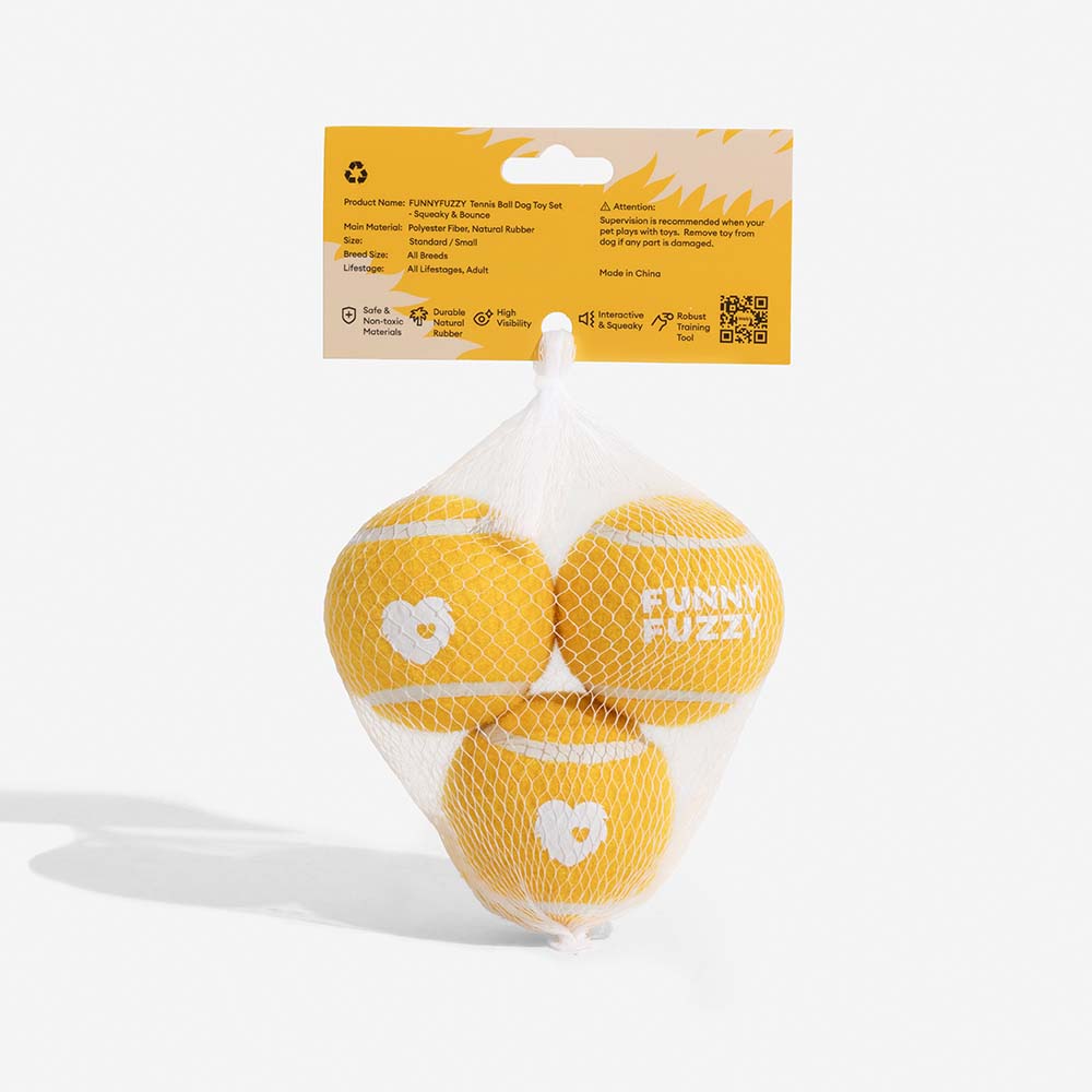 New squeaky tennis ball dog toy, still in packaging, a must-have for active pets and playtime.