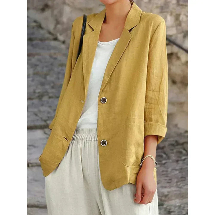 Yellow women's lightweight button-up cardigan with 3/4 sleeves, perfect for casual layering and everyday style.