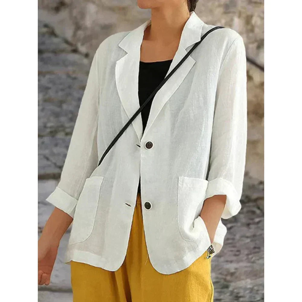 White lightweight button-up women's cardigan with 3/4 sleeves, offering effortless style for versatile fashion.