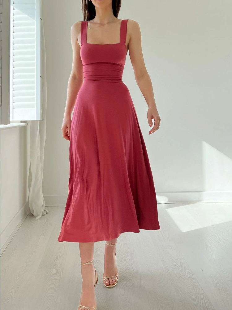 Chic women's flowy A-line midi dress, a comfortable sleeveless summer dress with a square neck.