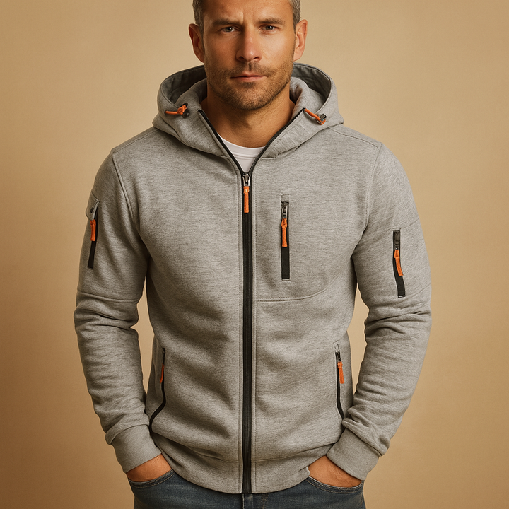 Men's red zip-up hoodie, an essential for everyday comfort, casual style, and versatile cool weather fashion.