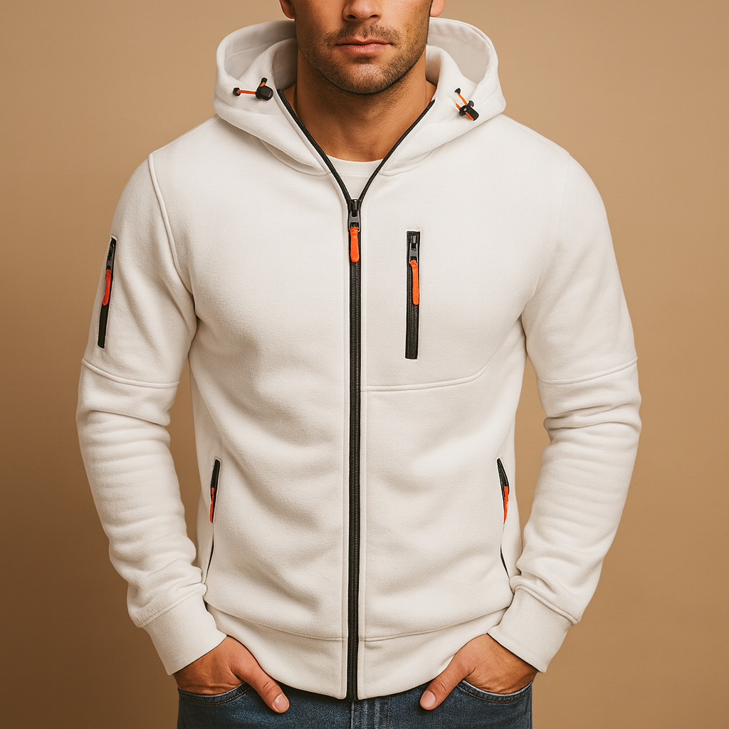 Cozy men's charcoal zip hoodie, an excellent outerwear choice for warmth and everyday casual comfort.