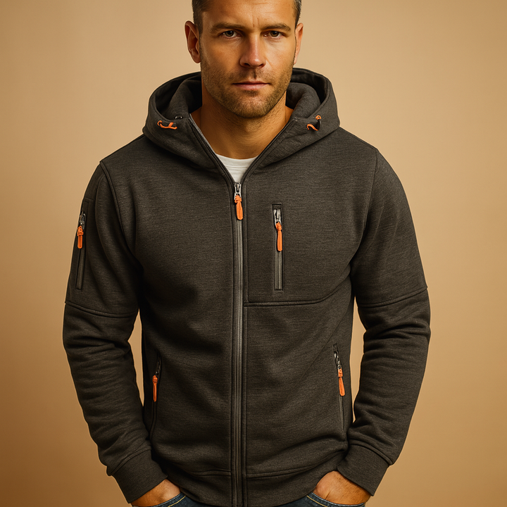 Stylish men's black athletic zip-up hoodie, featuring an adjustable hood for active or relaxed wear.