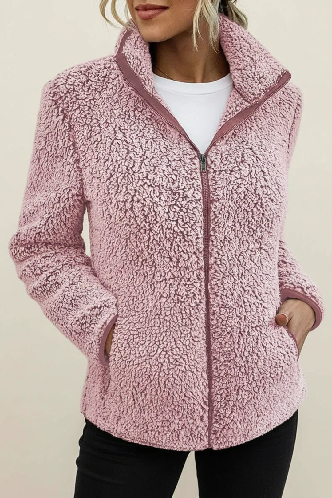 Women's warm zip winter jacket with stand collar, ideal for casual cozy comfort.